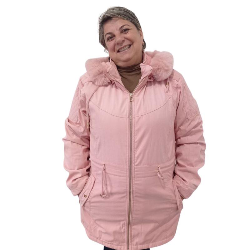 Jaqueta Parka Feminina Apeluciada Capuz Inverno Grande Rosa